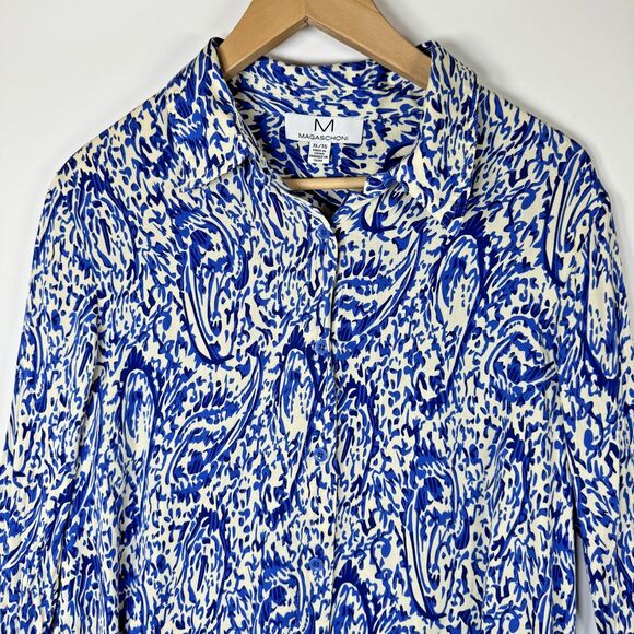 Magaschoni Blouse Womens XL Blue White Paisley Abstract Button Front Long Sleeve - Picture 2 of 12